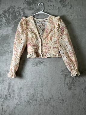 Line & Dot Floral Eyelet Lace Ruffle Cropped Blazer Coquette Cottagecore Small